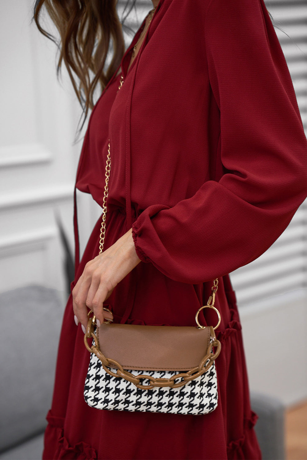 Brown Acrylic Chain PU Splicing Houndstooth Handbag