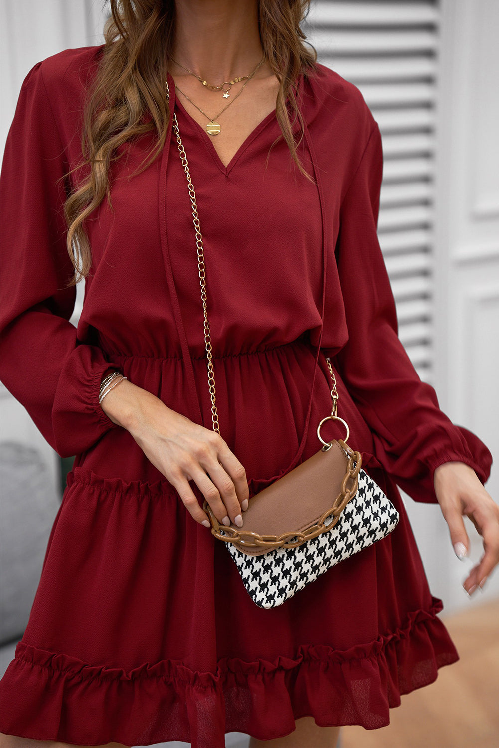 Brown Acrylic Chain PU Splicing Houndstooth Handbag
