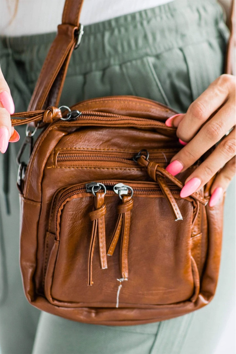 Brown Multi-layer Portable PU Leather Shoulder Messenger Bag